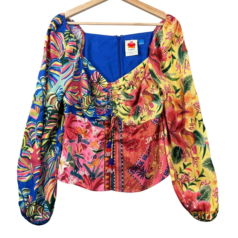 Farm Rio for Anthropologie Mixed Tropical Scarf Print Ruched Blouse Size M